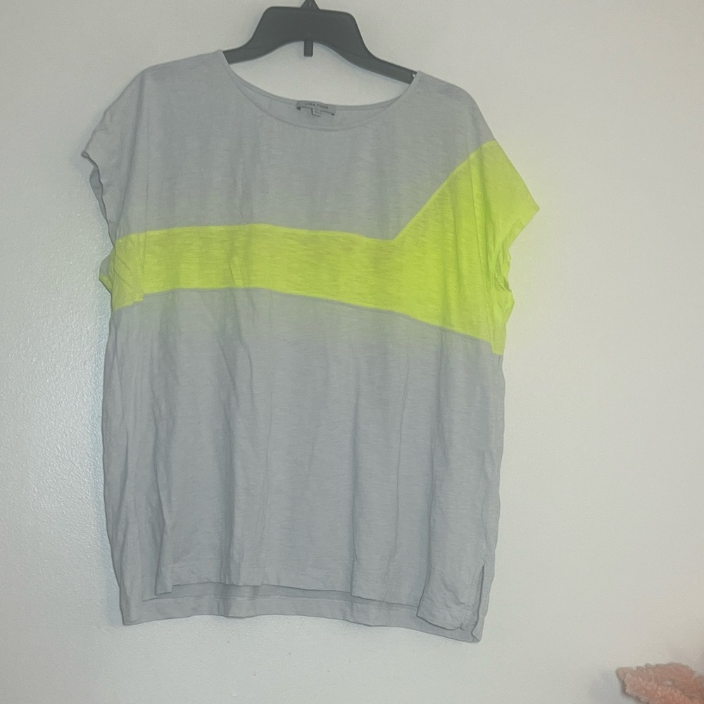 Lisa Todd Neon Yellow Taupe Cap Sleeve Colorblock Shirt Large